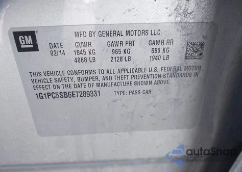 2014 Chevrolet Cruze 1Lt Auto из США, поврежденный, VIN 1G1PC5SB6E7289331